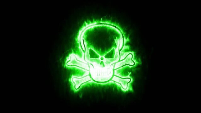 Green Fire Burning Skull and Crossbones Isolated on Black Background