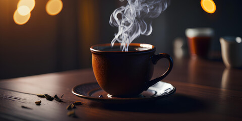 A mug of fragrant tea on the table, the concept of a cafe, tea party, restaurant. Generative ai