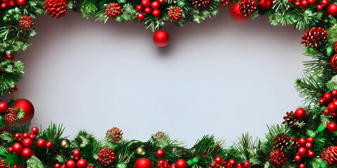 Christmas and New Year background, frame in flatley style, with Christmas tree toys, branches, balls and cones. Generative ai