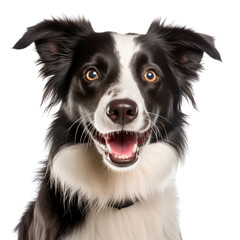 Black and white Border Collie dog isolated on transparent background, Happy surprised smiling dog over white background for banner, design, advertisement, website, front view. generative ai