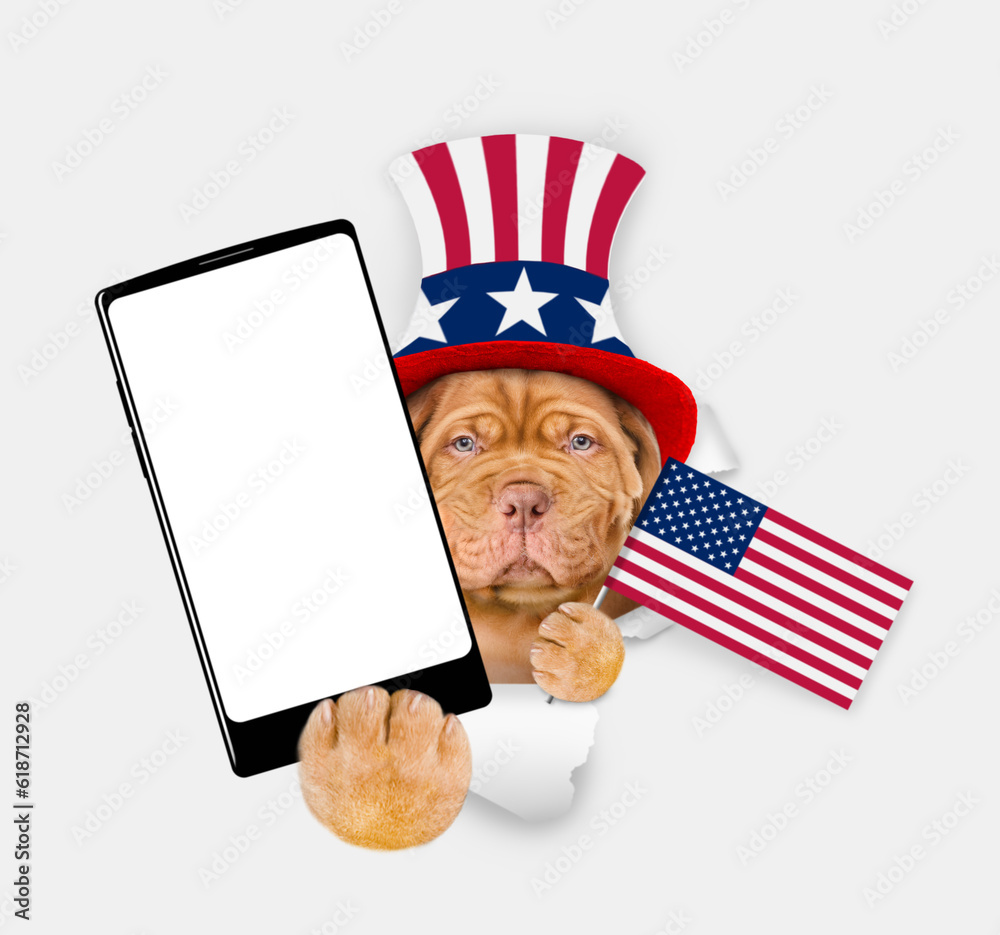 Poster serious mastiff puppy wearing like uncle sam looking through a hole in paper and showing big smartph