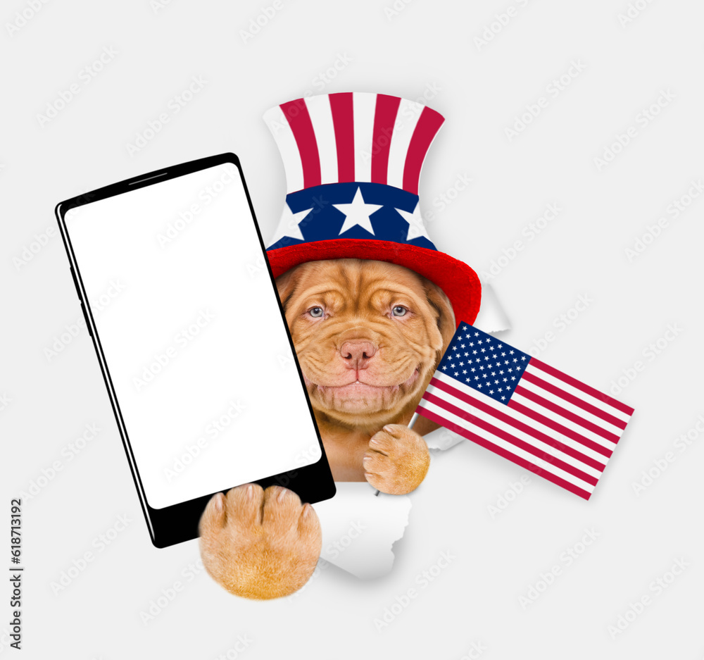 Poster happy mastiff puppy wearing like uncle sam looking through a hole in paper and showing big smartphon