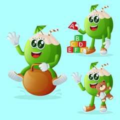 Cute coconut characters playing with kid toys