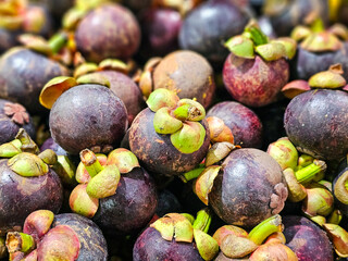Pile of Mangosteens in a supermarket local market in Thailand, Bunch of organic mangosteen ready to eat. Fresh mangosteen background