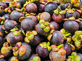 Pile of Mangosteens in a supermarket local market in Thailand, Bunch of organic mangosteen ready to eat. Fresh mangosteen background