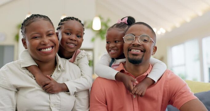 Black family, face and happy with parents and children at home, love and bonding with hug and spending time together. Man, woman and girl kids, happiness and portrait and people smile in living room