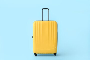 Yellow suitcase on blue background. Travel concept