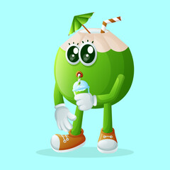 Cute coconut character drinking a green smoothie with a straw