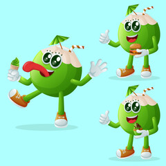 Cute coconut characters enjoying food