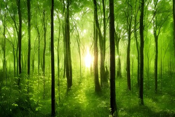 Fototapeta na wymiar 自然の緑の林の間から差し込む陽の光