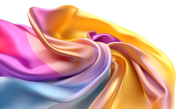 Flying  3D Illustration of Luxurious gradient Colored Silk Fabric or curtain texture cloth for Grand Opening Ceremony white background. Generative AI