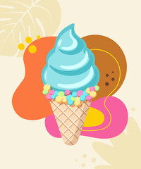 Bright poster with ice cream in a waffle cone on an abstract background. Vector illustration.
