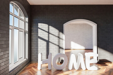 home lettering standing in luxurious loft apartment with arched window and minimalistic interior living room design; 3D Illustration