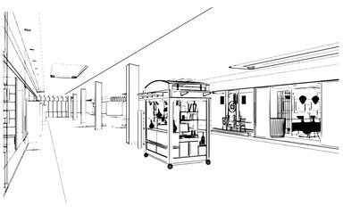 department store hall space line drawing Store page of products and services,3d rendering
