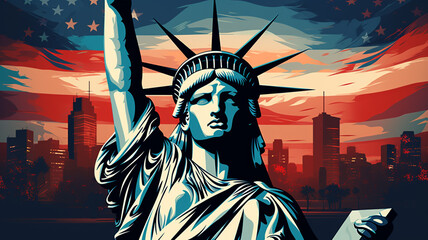 Lady Liberty NYC USA mit Skyline New York City und Stars and Stripes US Fahne Illustration digital Art. Generative Ai.
