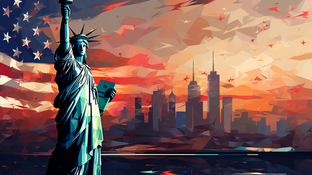 Lady Liberty NYC USA mit Skyline New York City und Stars and Stripes US Fahne Illustration digital Art. Generative Ai.