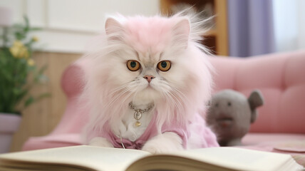 Persian cat with big eyes and pastel fur reading a book in a library. white background generative AI