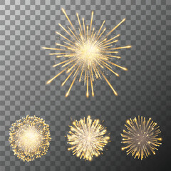 Set of five vector fireworks bursting in various shapes. Firework explosion in night. Firecracker rockets bursting in big sparkling star balls
