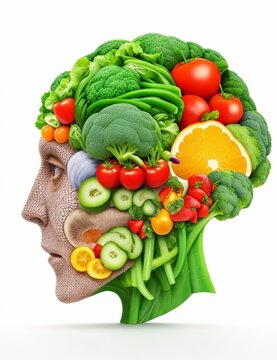Vegetable face. food brain with a human face, brain made from vegetables and fruit. Organic food, healthy life, nutrition concept.	