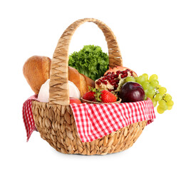 Wicker basket with delicious food for picnic on white background