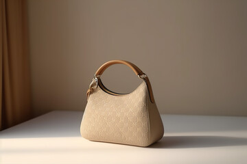 Fashionable beige leather clutch bag on a white table.