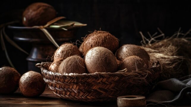 Coconuts fruits in a bamboo basket on wood table with blurred background