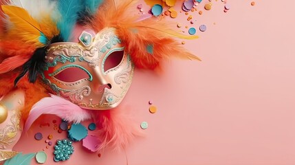 Carnival masks and carnival ornaments on pastel background