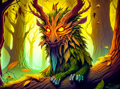 Painting of green creature sitting on log in the woods with glowing eyes. Generative AI.