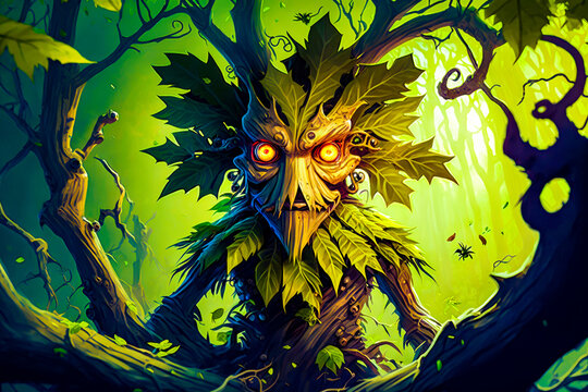 Painting of demon in forest with glowing eyes and creepy face. Generative AI.