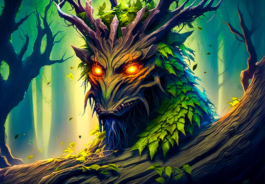 Painting of creature with glowing eyes and tree in the background. Generative AI.