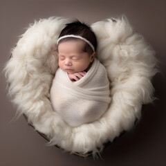 art style photography of real newborn baby in heart shaped bowl, fictional person created with generative AI