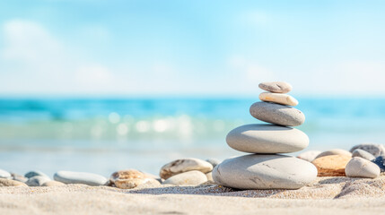 Fototapeta na wymiar Stack of zen stones on the seashore. Zen concept