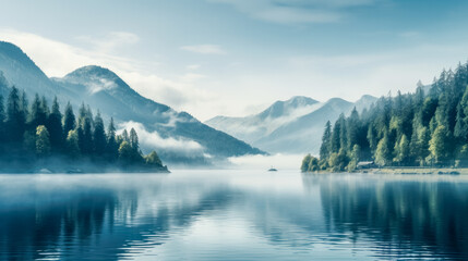 Idyllic meditative alpine landscape with mountain lake, rocks and forest