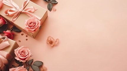 Valentine day banner design of a collection of Gift box and pink flowers on pink pastel background