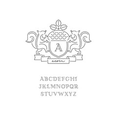 acorn and squirrel, thin line vector crest icon illustration