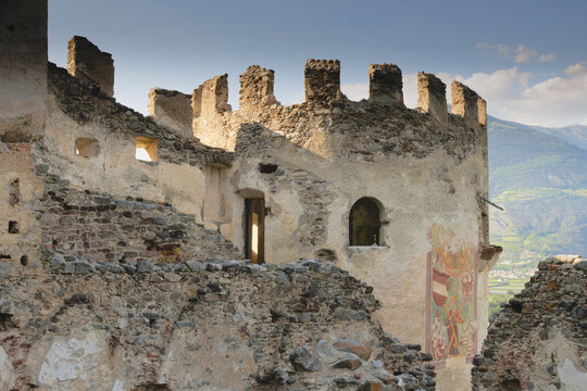 The castle ruins of Lichtenberg in Prad am Stilfser Joch ( Italian: Castello di Montechiaro a Prato allo Stelvio ).  South Tyrol, Italy