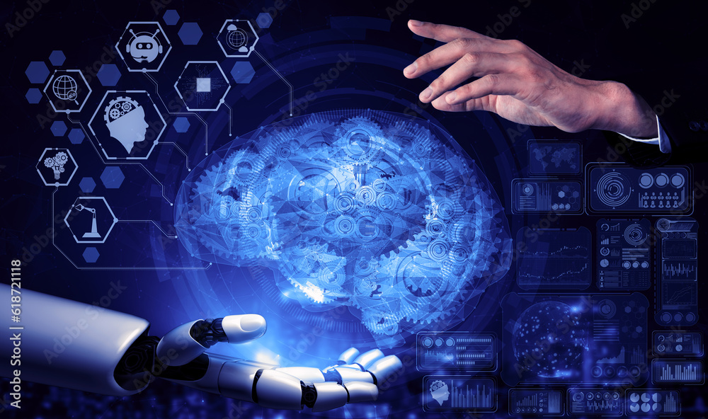 Poster 3d rendering artificial intelligence ai research of robot and cyborg development for future of peopl