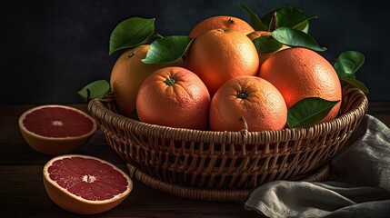 Grapefruits in a bamboo basket on wooden table with blur background