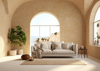 Luxury apartment terrace Santorini Interior of modern living room sofa or couch with beautiful sea view, arched windows and beige stucco wall