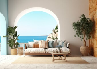 Luxury apartment or hotel terrace Santorini Interior of modern living room couch with beautiful sea view, arched windows, green indoor plants in vase