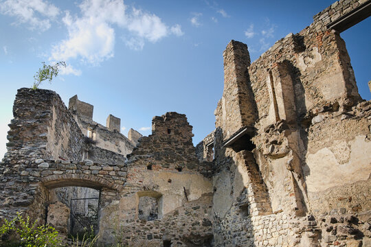 The castle ruins of Lichtenberg in Prad am Stilfser Joch ( Italian: Castello di Montechiaro a Prato allo Stelvio ).  South Tyrol, Italy