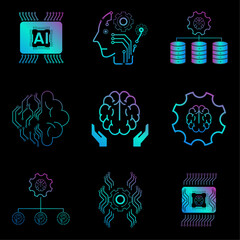Set of Colorful of pink and blue vector line icons related to AI concepts, and human technology, language engineering icon, text analytics, and text mining on dark BG