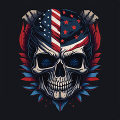 Vintage american skull face art design in vector illustration. Usa biker skull