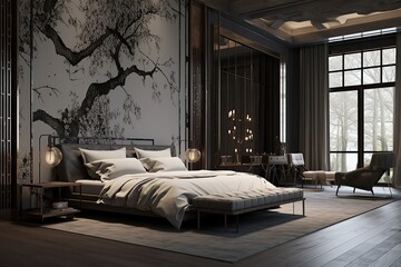 Luxury bedroom in scandinavian style with black and white walls, wooden floor and big window.There are two armchairs and a wooden bedside table. Generative Ai