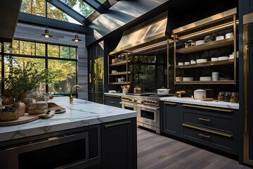 Modern black and gold kitchen interior design in loft style. Generative Ai