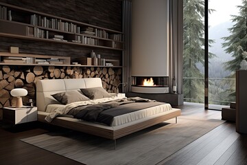 Interior of modern bedroom with wooden walls, wooden floor, comfortable king size bed and fireplace. Generative Ai