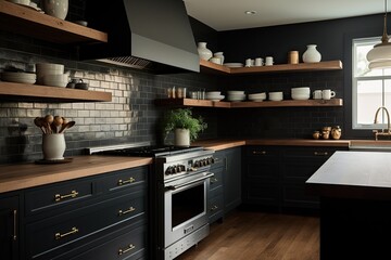 Modern kitchen in loft style with black brick wall. Generative Ai