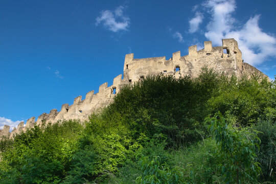 The castle ruins of Lichtenberg in Prad am Stilfser Joch ( Italian: Castello di Montechiaro a Prato allo Stelvio ).  South Tyrol, Italy