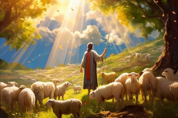 Image of Shepherd Jesus Christ leading the sheep and praying to God , Created with Generative Ai Technology - obrazy, fototapety, plakaty