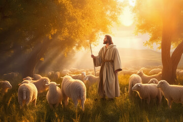 Image of Shepherd Jesus Christ leading the sheep and praying to God , Created with Generative Ai Technology